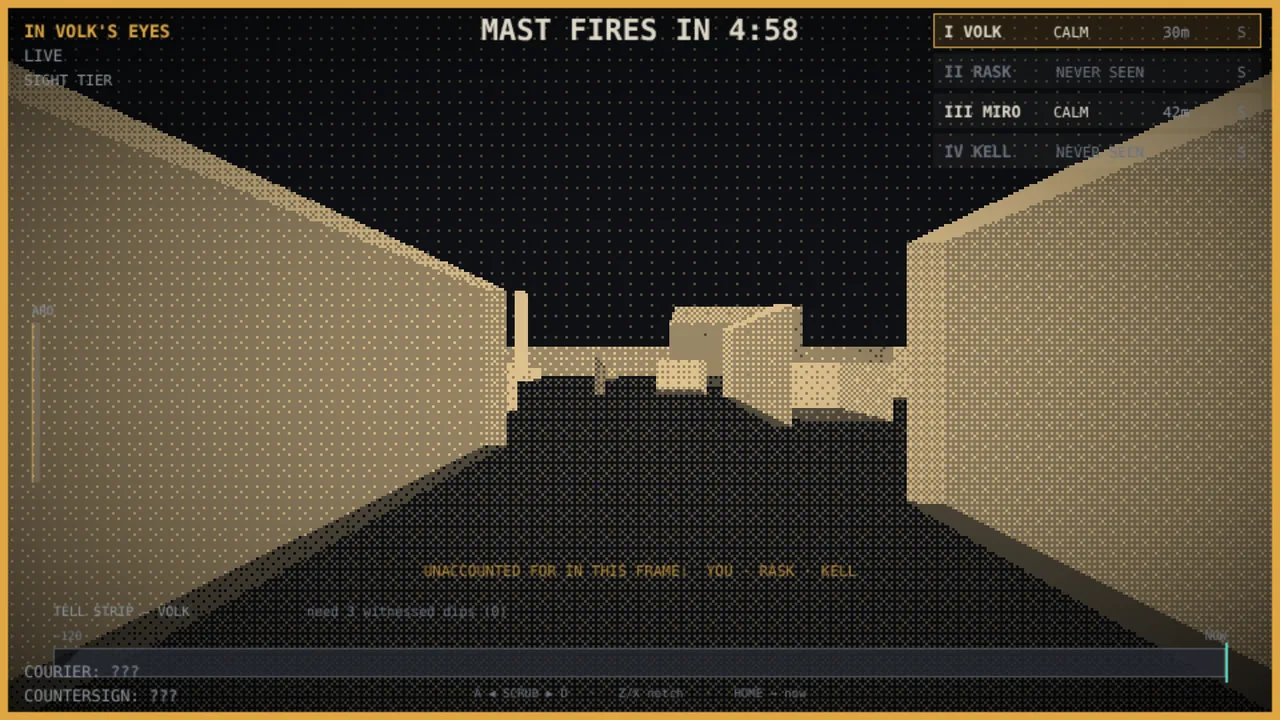 First-person recon prototype rendered in amber monochrome: the view through a soldier's eyes down an alley, with a roster of four soldiers and a scrubbable timeline of their recorded past.