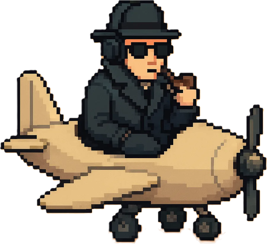 Cover art: a pixel-art detective in a trench coat and hat flying a small propeller plane, from the game's store page.