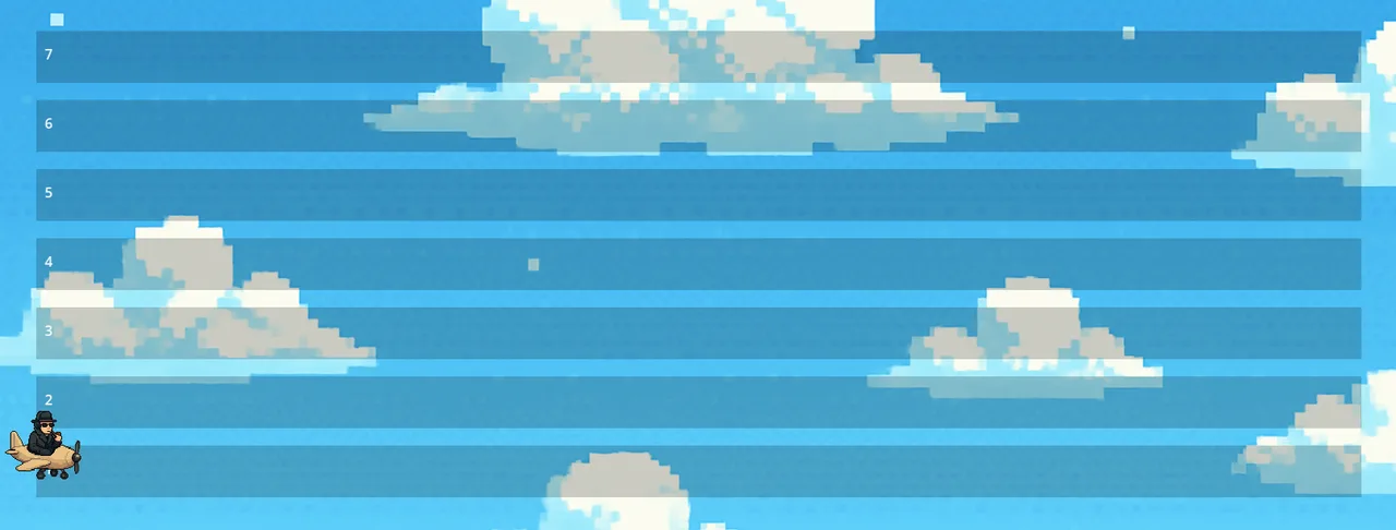 Gameplay: a side-scrolling view with seven horizontal lanes numbered by scale degree, the player's plane held on one of them while a chord sounds.