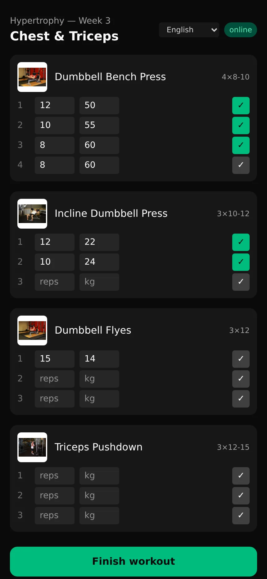 Trainee app on a phone, dark theme: the workout &lsquo;Chest & Triceps&rsquo; from the programme &lsquo;Hypertrophy — Week 3&rsquo;, with the first three sets of dumbbell bench press logged as reps by kilos and ticked off, later sets still blank.