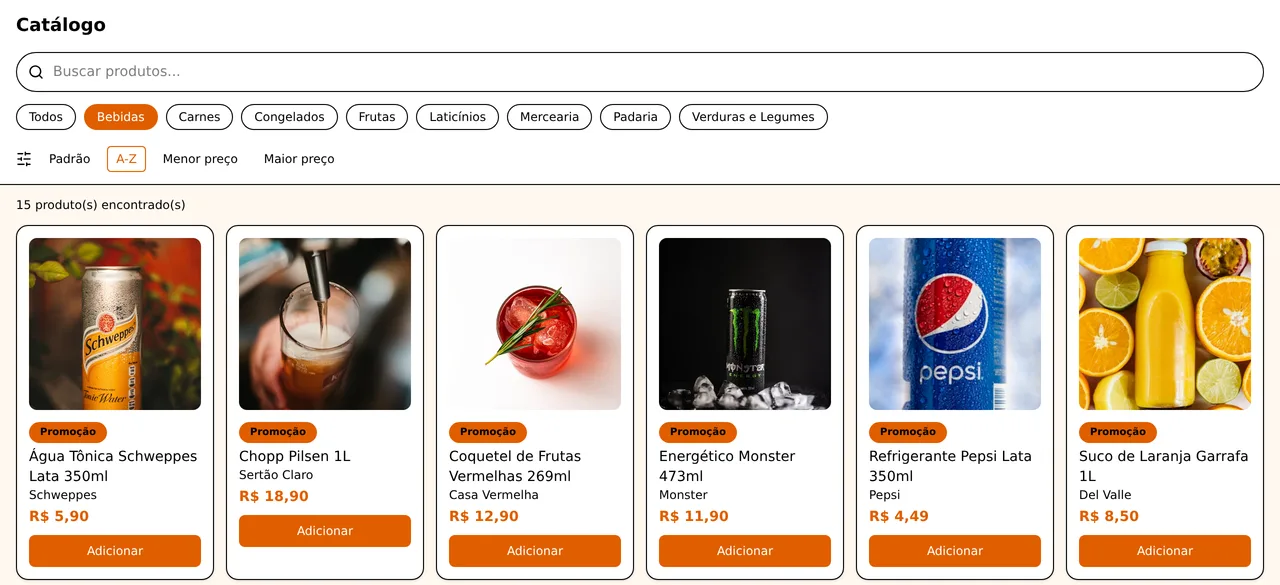 Customer storefront: a beverage catalogue filtered to the Bebidas category and sorted A&ndash;Z, showing six product cards &mdash; Schweppes tonic water at R$&nbsp;5,90, a litre of draught pilsner at R$&nbsp;18,90, a red fruit cocktail at R$&nbsp;12,90, Monster energy at R$&nbsp;11,90, a Pepsi can at R$&nbsp;4,49 and a litre of orange juice at R$&nbsp;8,50 &mdash; each with its brand, a promotion badge and an add button.
