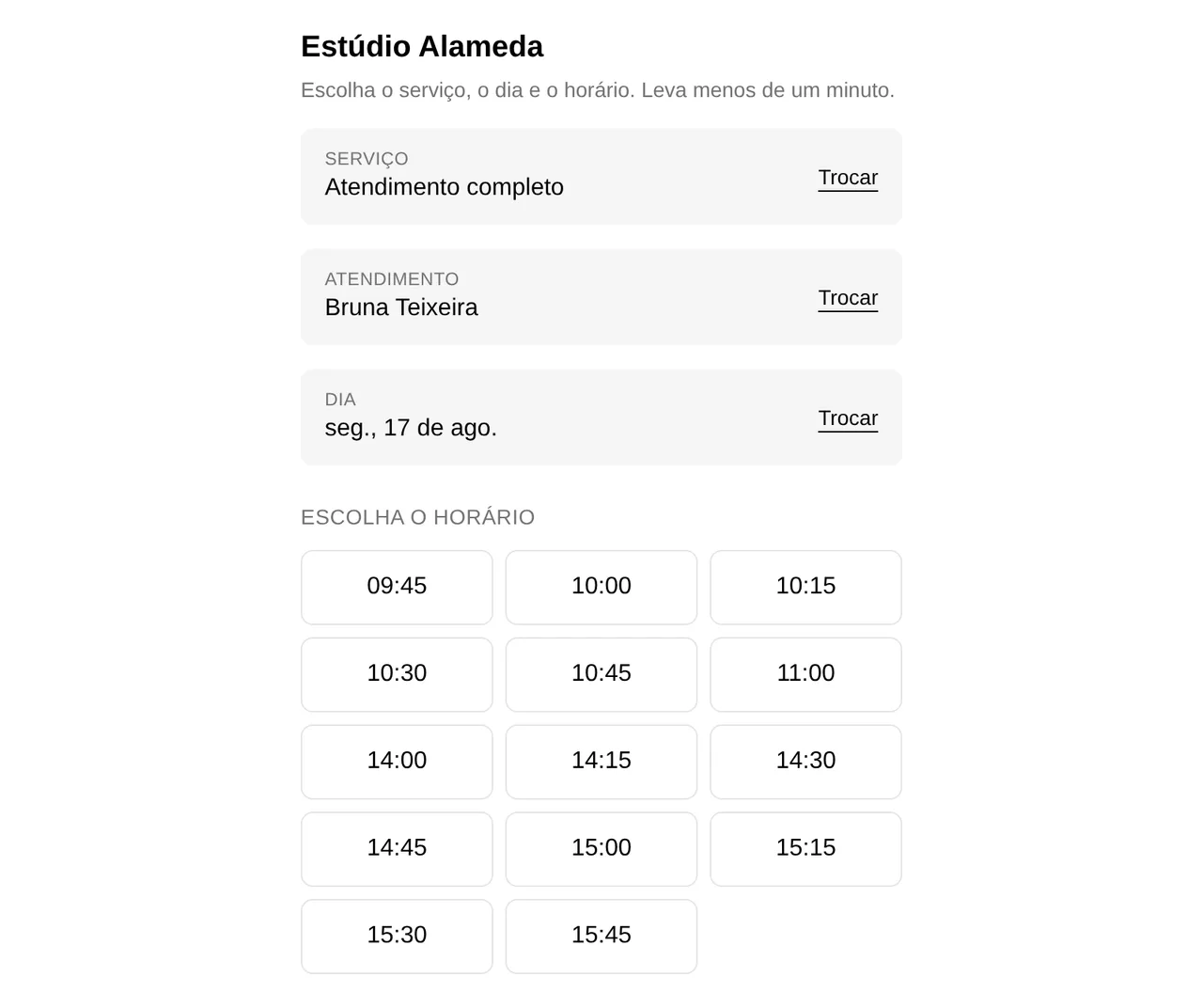 Public booking page: the chosen service, professional and day collapsed into three summary rows, above a grid of fourteen free start times running 09:45 to 15:45 with a gap over the middle of the day.