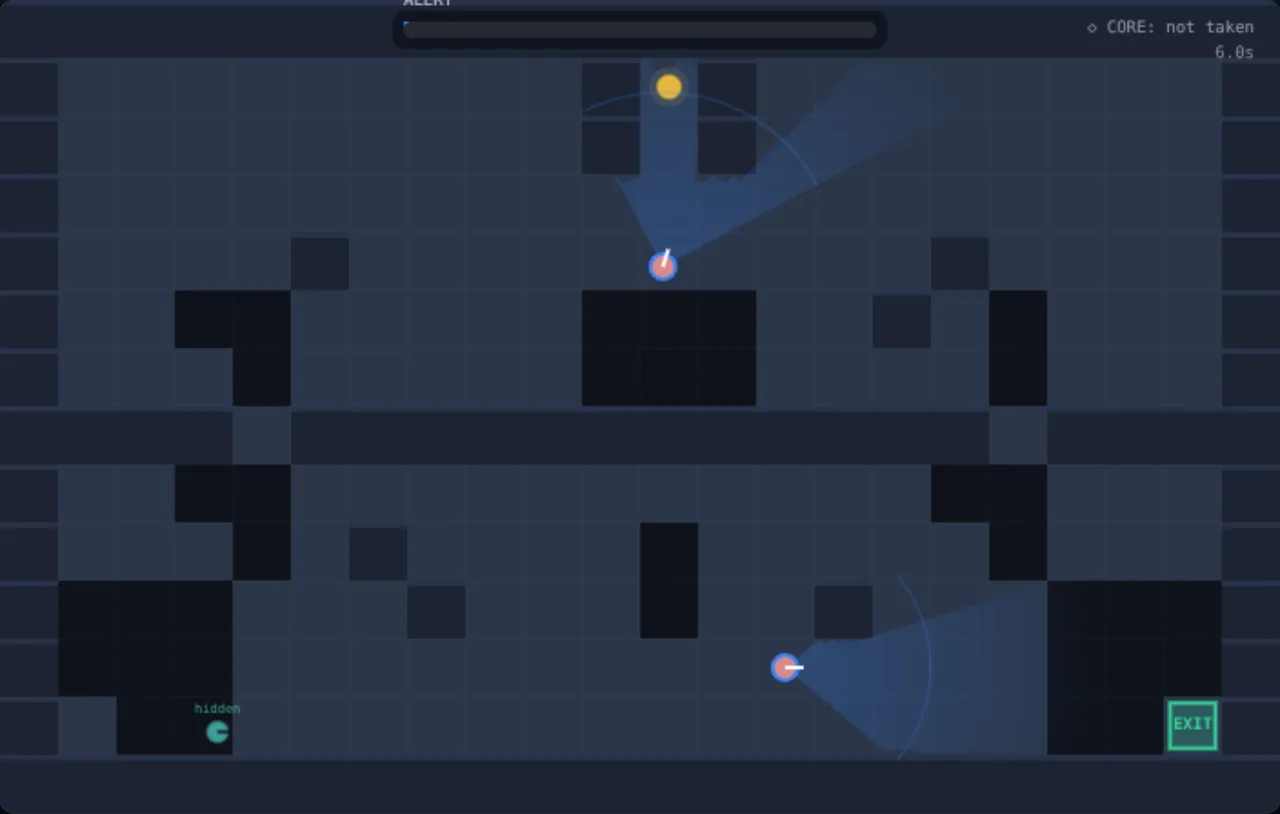 Top-down stealth prototype: a guard's vision cone sweeps a dark floorplan while the player hides in shadow, with an alert meter filling at the top.