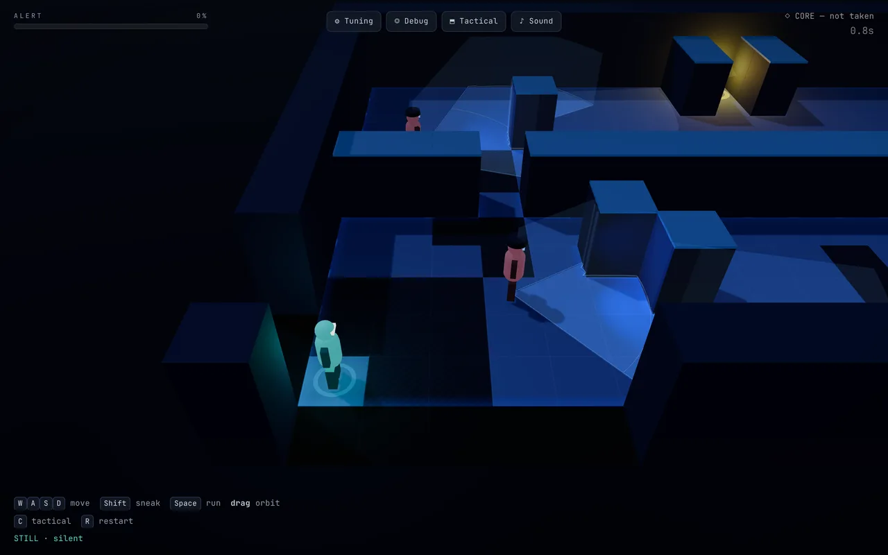 3D stealth prototype: the player crouches in shadow on a blue-lit greybox level while two guards patrol with visible vision cones and an amber objective glows in a vault.